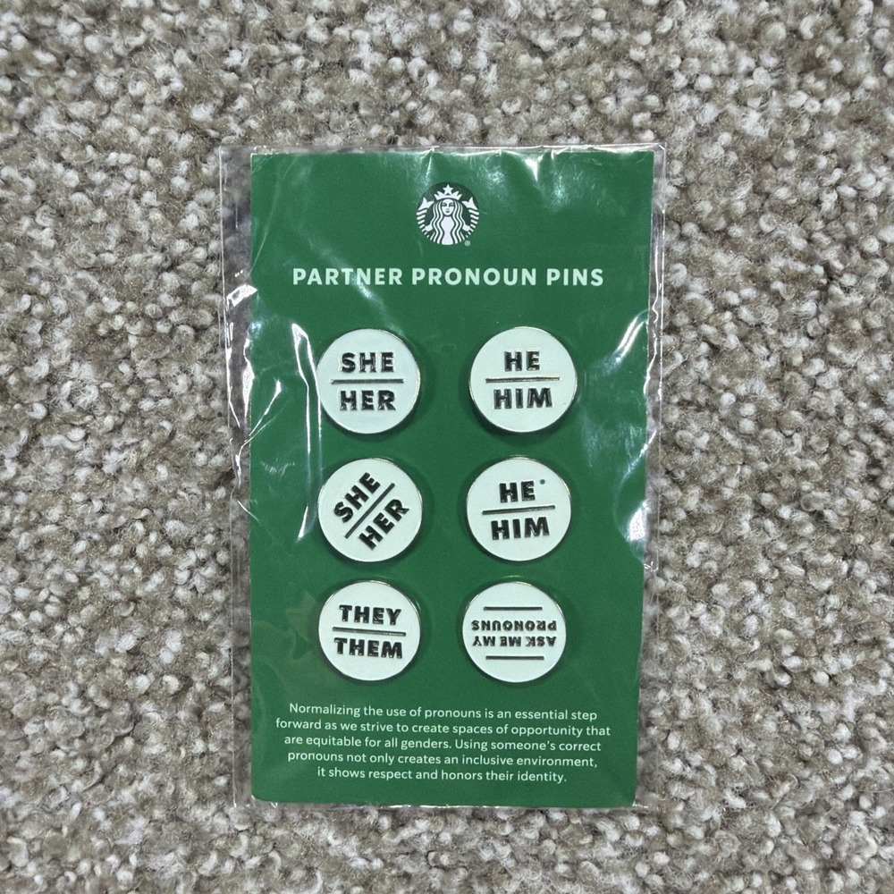 Starbucks Enamel Pronouns Pin Collectors Set of 6: She/Her, He/Him, They/Them